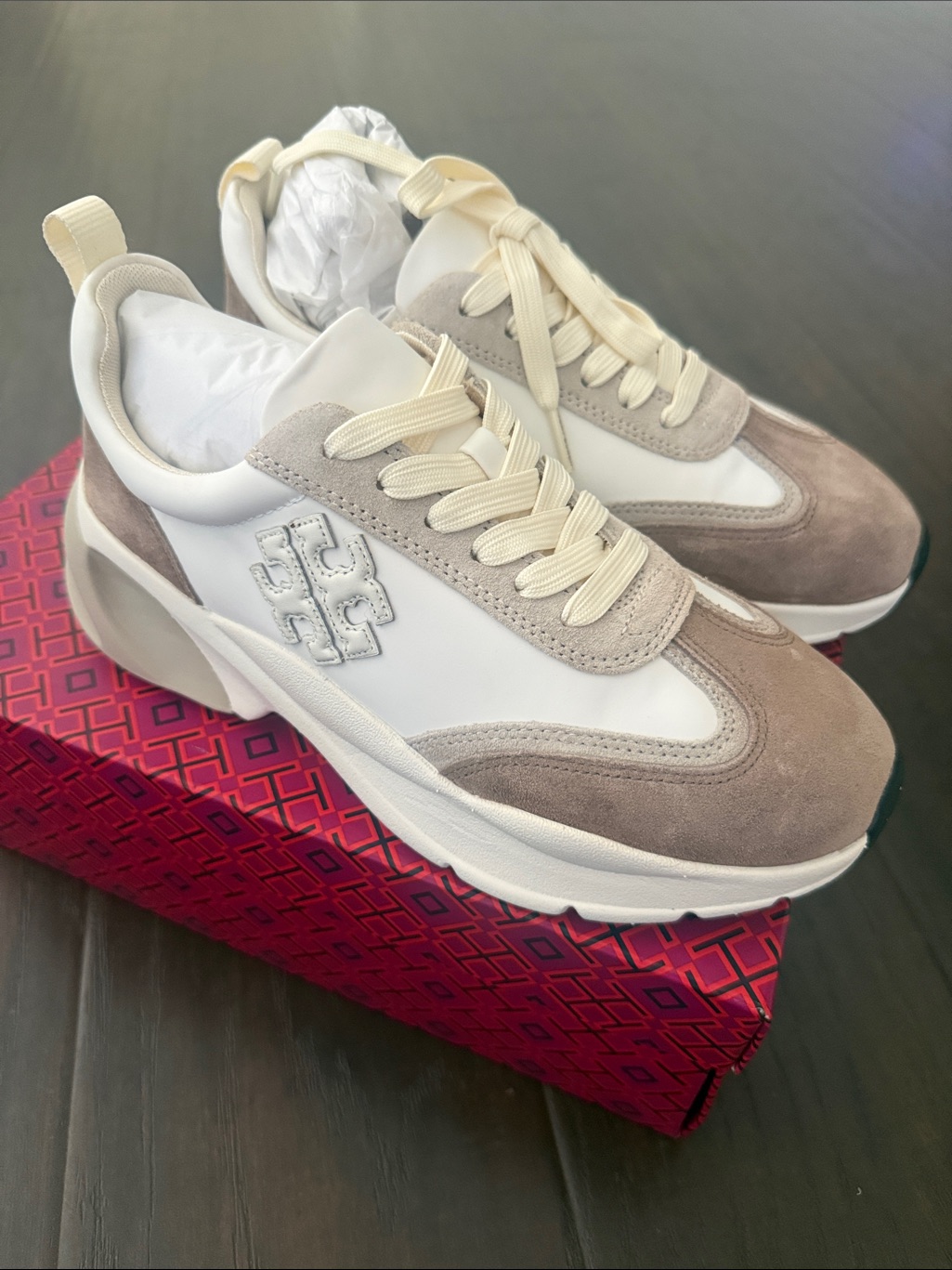 Tory Burch White And Taupe Suede Mixed-Media Sneakers